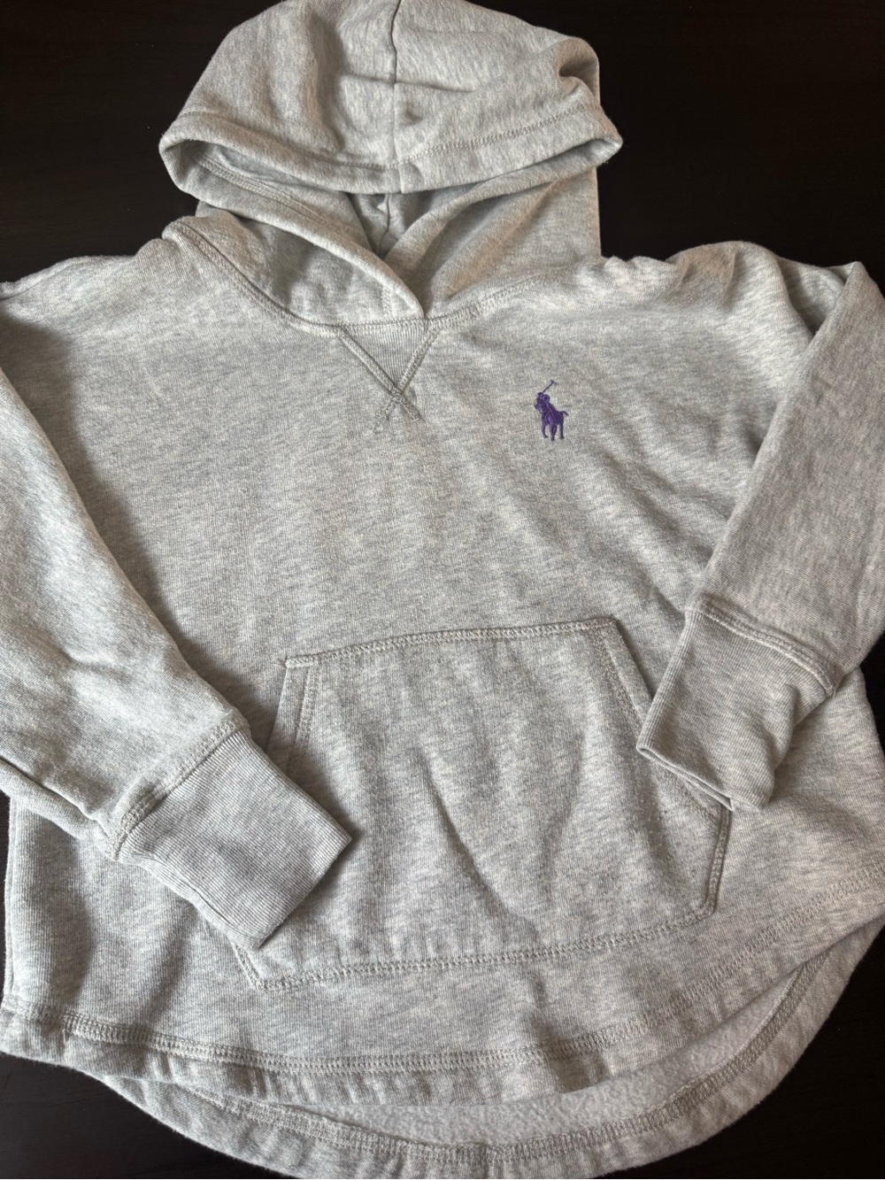 Ralph Lauren Girls Grey Fleece Pullover Hoodie Purple Pony Size 7